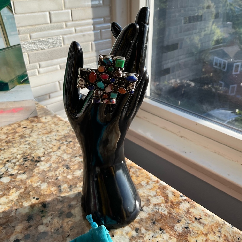 Multicolor Gemstone Cross Adjustable Ring - image 5